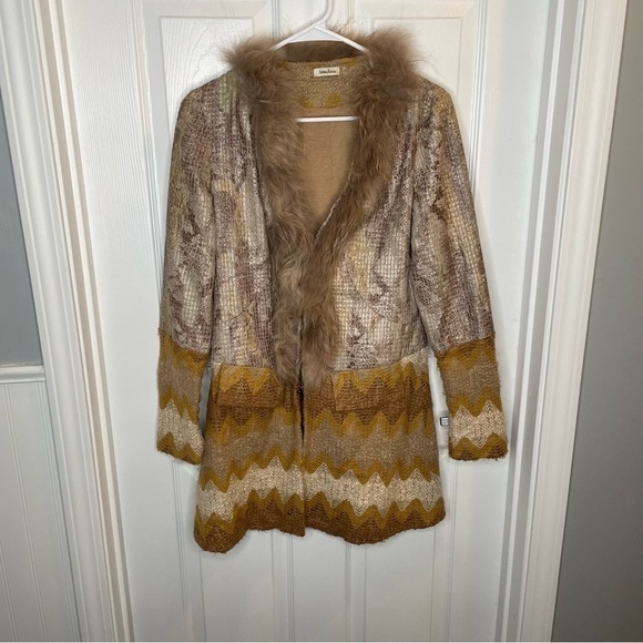Neiman Marcus Faux Reptile Wool Chevron Raccoon Trimmed Coat in Yellow/Beige S - Picture 1 of 13